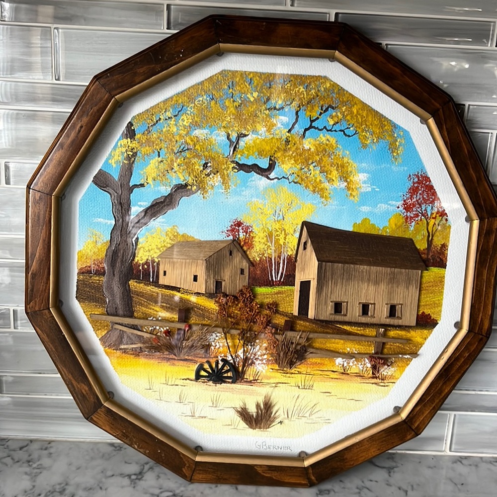 A HANDMADE 3D Barn scene picture with hand painted backdrop and handmade frame.
